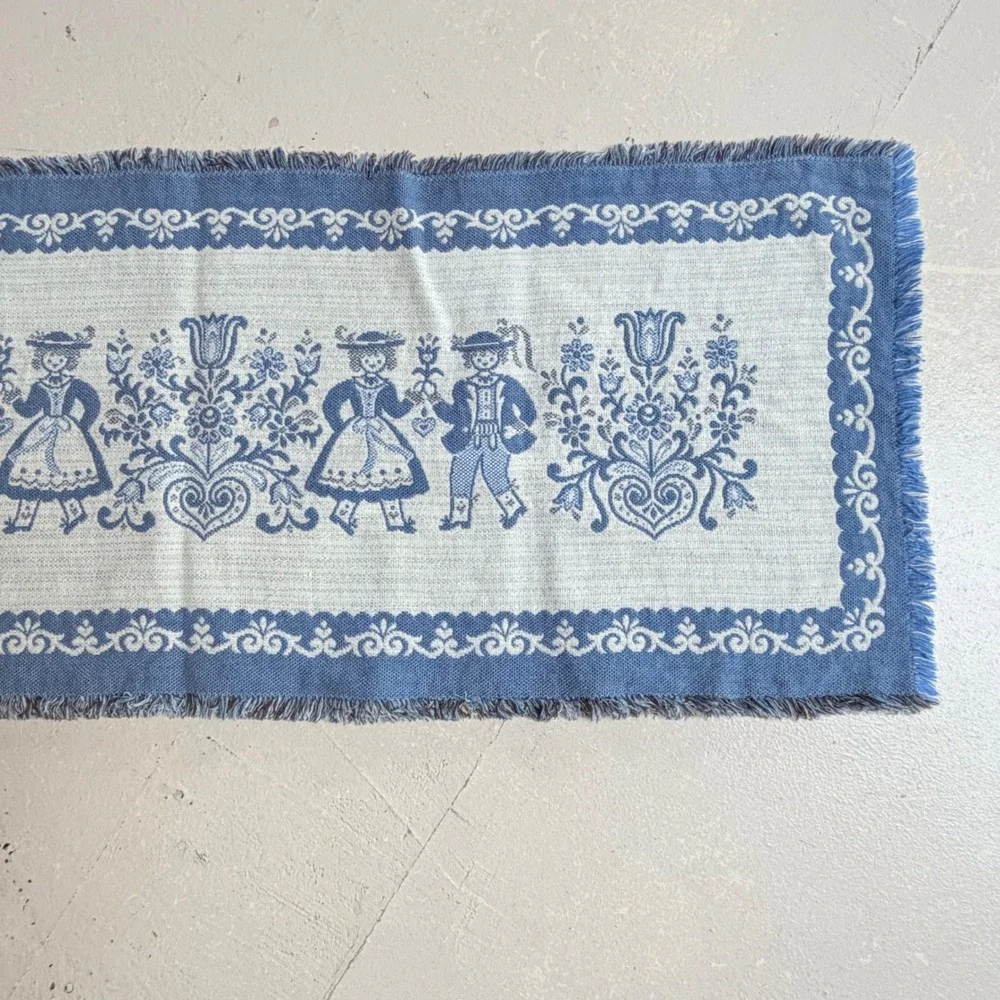 Vintage Blue White Folk Art Woven Table Runner Fringed Scandinavian Style 15x37